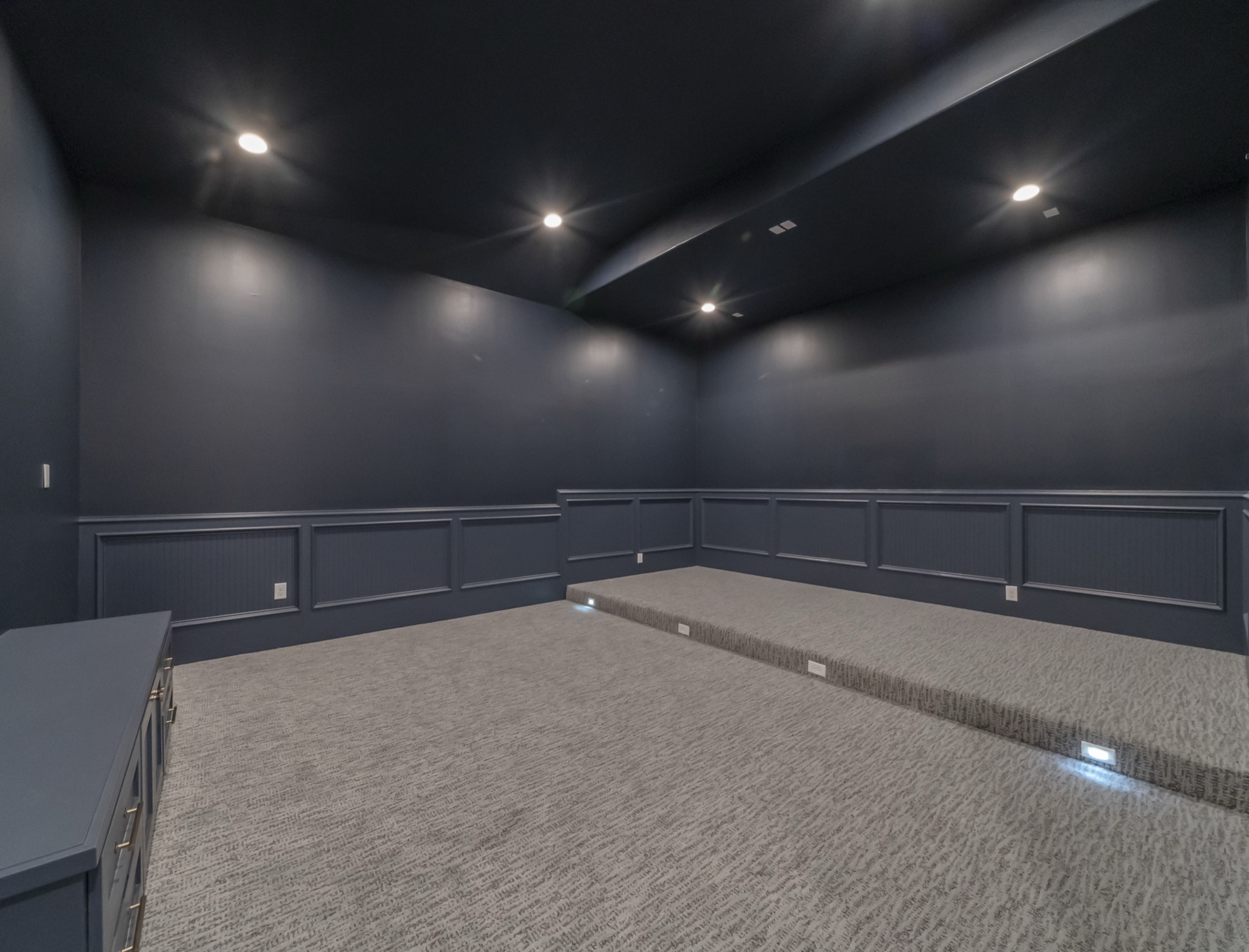 Dedicated home theater with tiered seating and acoustic wall panels